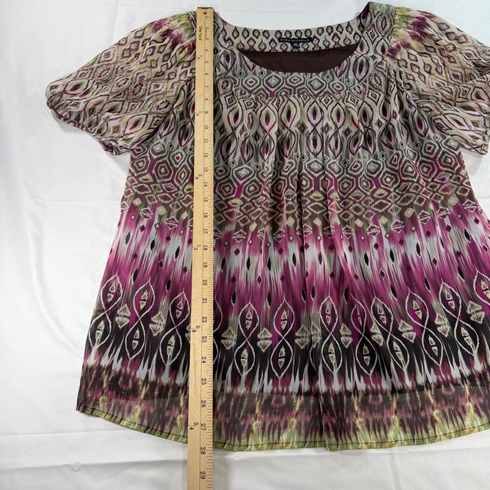 Sara Michelle Womens 2X Blouse Purple Green Geometric Ikat Print Short Sleeve - Picture 7 of 9